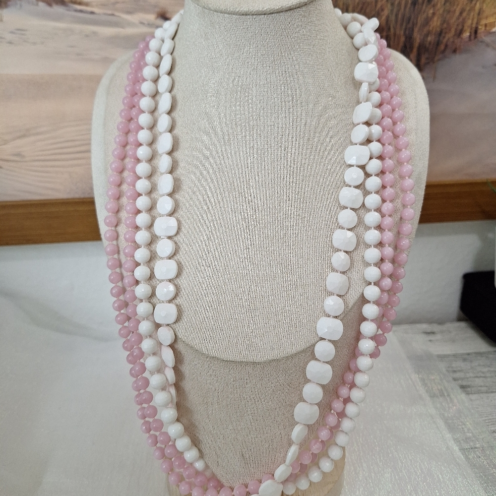 Vintage Multi Strand White and Pink Beaded Long Necklace